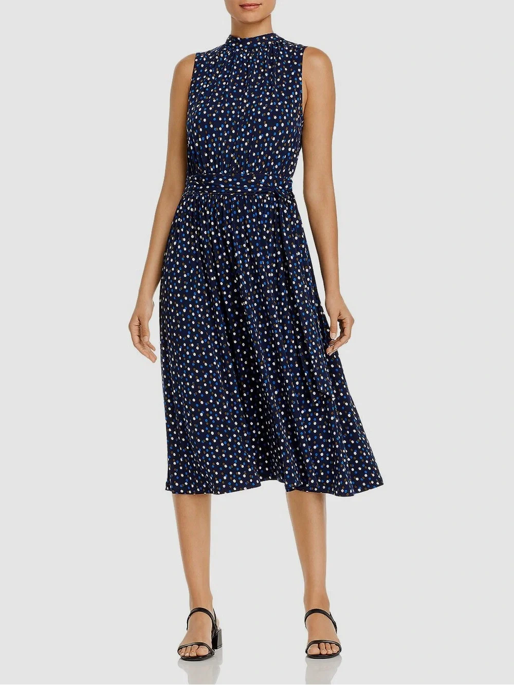 Brand New-Leota Women Blue Mindy Shirred Dot Mock-Neck Waist-Tie Midi Dress
